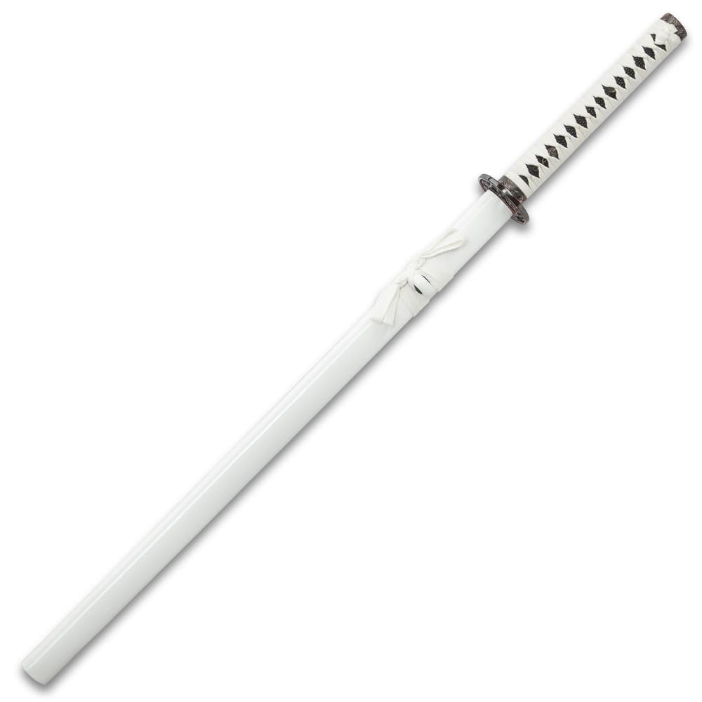 The white cord wrapped katana handle matches the white hardwood scabbard with white hanging cord. image number 1