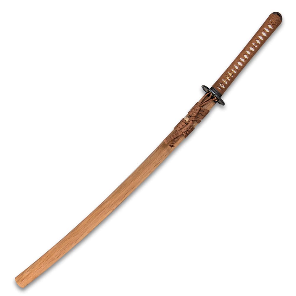 Clay tempered bamboo handmade sword enclosed in a wooden scabbard with genuine rayskin handle wrapped with brown braided cord image number 1