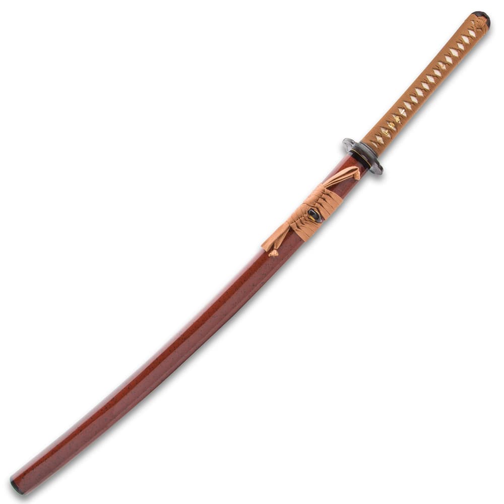 Wine-red wooden scabbard with brown hanging cord shown with sword inside. image number 1