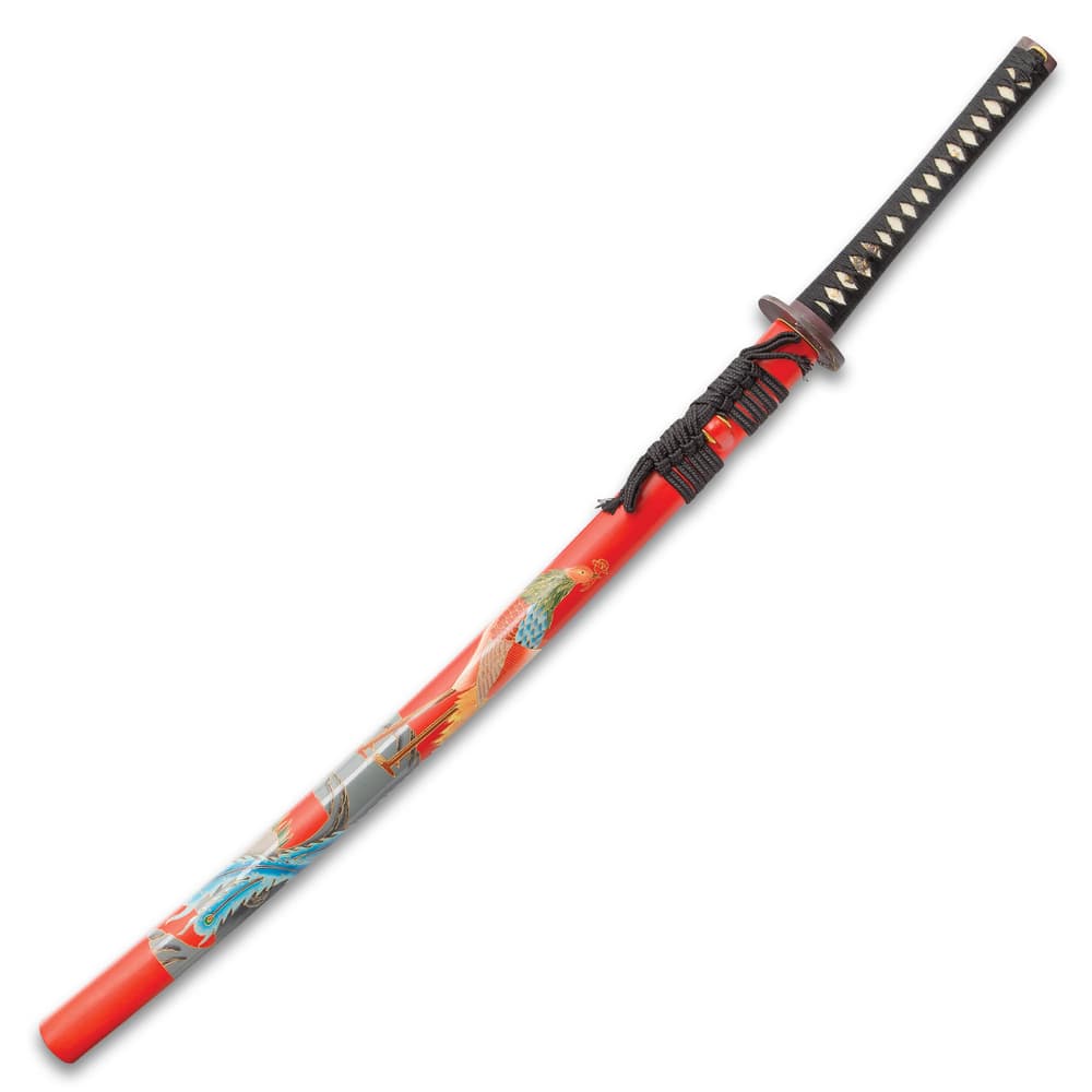 The hand lacquered wooden scabbard has vibrant artwork of a crane with reds, blues, oranges and greens. image number 1