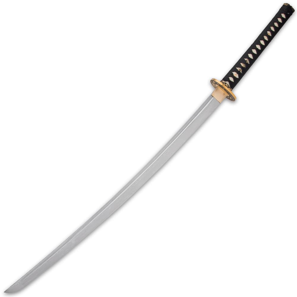 The katana has a keenly sharp, 27 9/10” Damascus steel blade, which extends from a polished brass blade collar image number 1