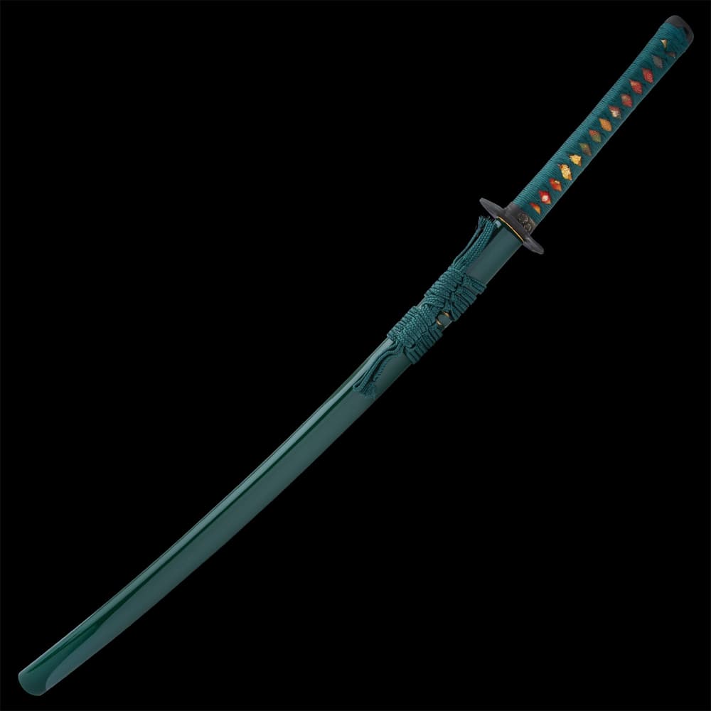 The 40” overall katana slides smoothly into a black, lacquered scabbard, accented with teal cord-wrap to match the handle image number 1