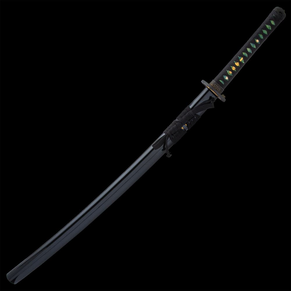 The 40” overall katana slides smoothly into a black, lacquered scabbard, accented with black cord-wrap to match the handle image number 1