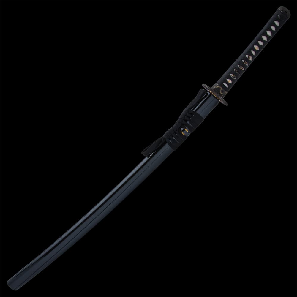 The 40” overall katana slides smoothly into a black, lacquered scabbard, accented with black cord-wrap to match the handle image number 1