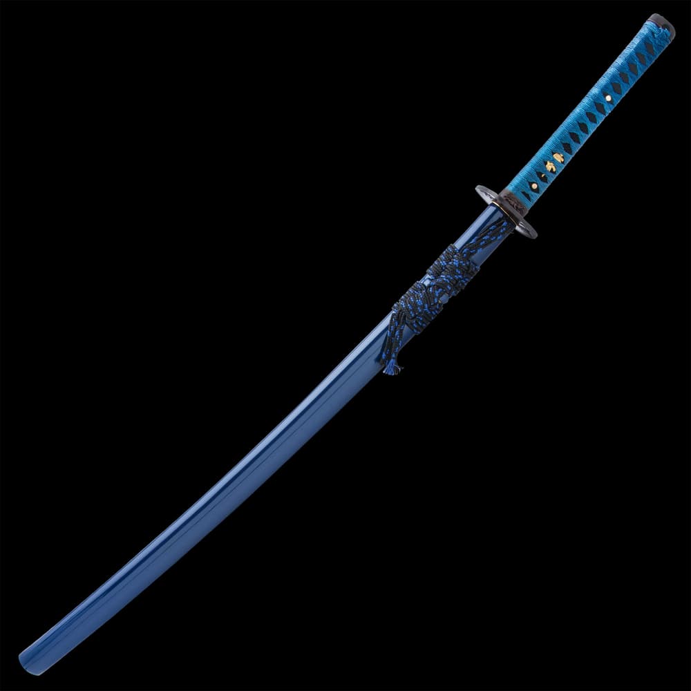 The 40” overall katana slides smoothly into a blue, lacquered scabbard, accented with black and blue cord-wrap image number 1