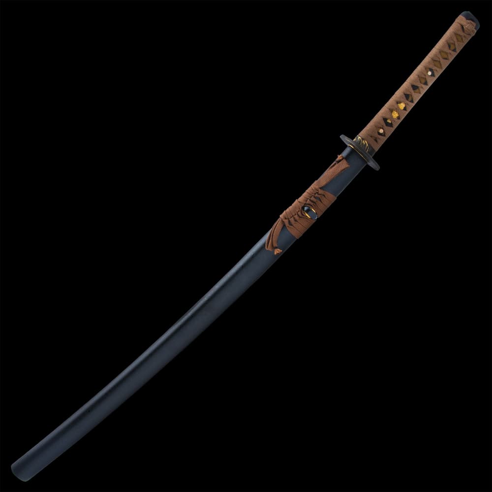 The 40” overall katana slides smoothly into a matte black scabbard, accented with brown cord-wrap to match the handle image number 1