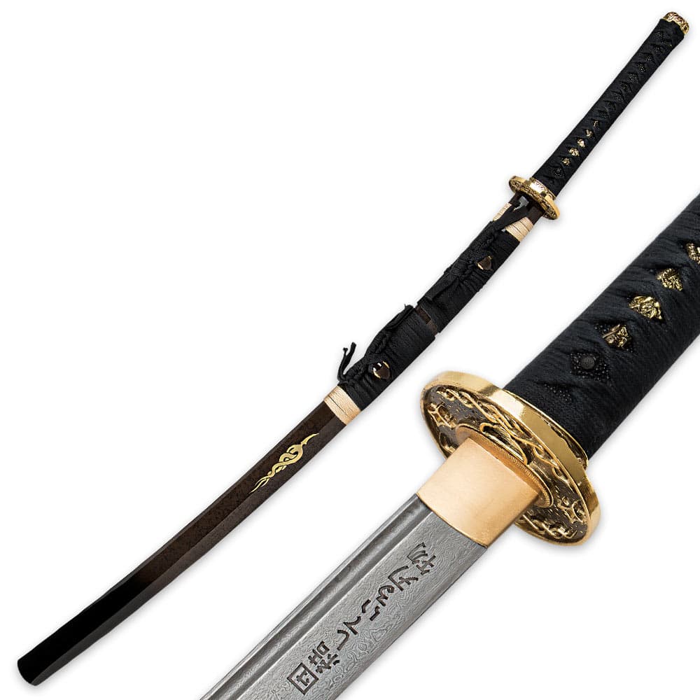 The hardwood scabbard has black cord wrappings and brass colored design, matching the brass of the menuki and guard. image number 1