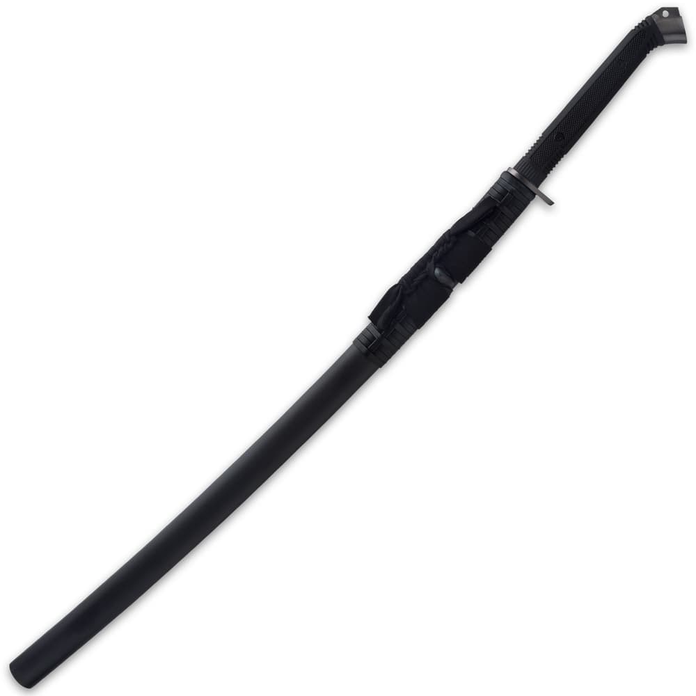 The scabbard is wooden with a semi-gloss black finish and features black faux leather wrapping and cotton cord image number 1