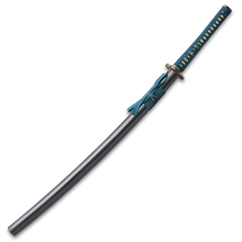 Katana with tsuka wrapped in a teal cord and tea dyed rayskin encased in black scabbard with a teal cord around a brass knob image number 1