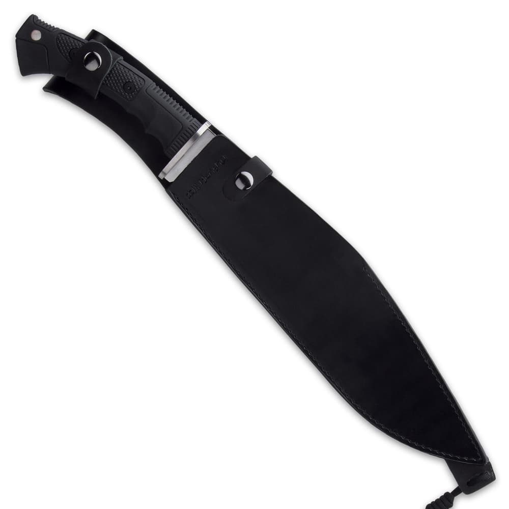 The tactical kukri is 19 5/8” in overall length and it comes housed in a premium, reinforced genuine leather belt sheath image number 1