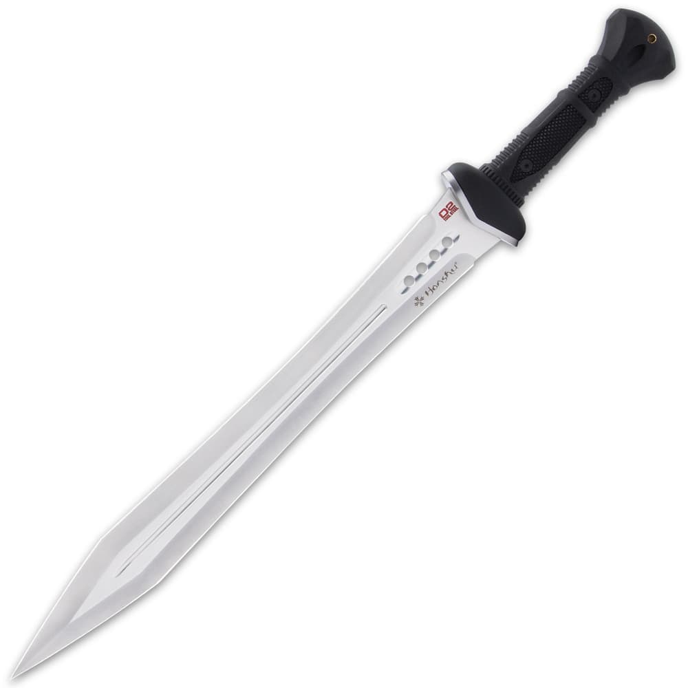 The sword has a keenly sharp, 18 1/4” D2 tool steel blade with a fuller and weight-reducing thru-holes image number 1