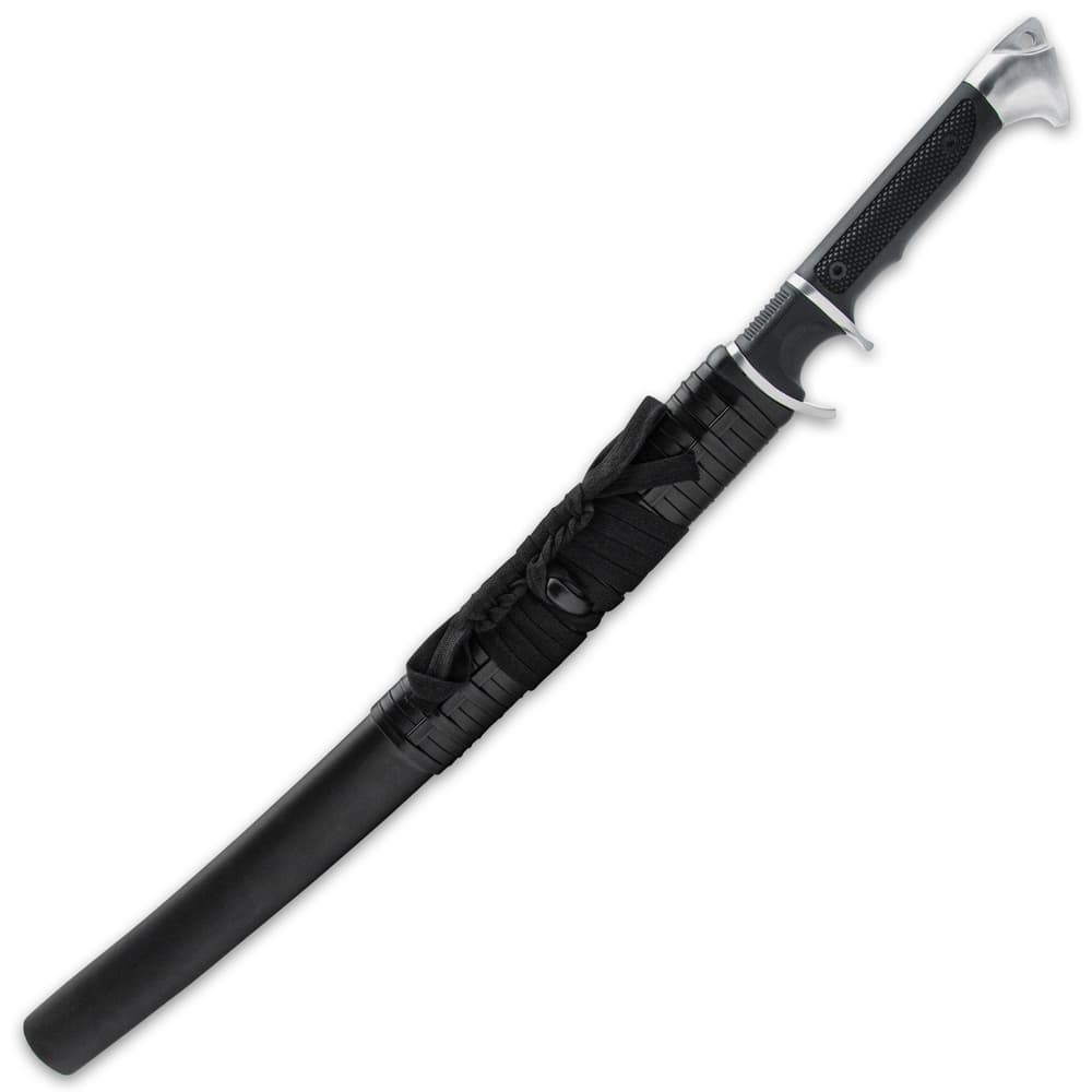 Black and Silver Katana Sword in Black Faux Leather Sheath image number 1