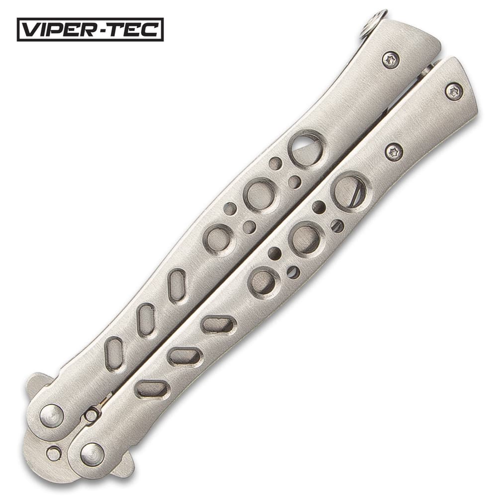 Viper-Tec Scorpion Tip Balisong Knife - Stainless Steel Tanto Blade, Skeletonized Aluminum Handles, T-Latch - Length 8 3/4 image number 1