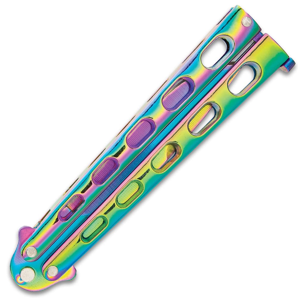 Shown closed, the knife has rainbow finish skeletonized handles that can be flipped open. image number 1