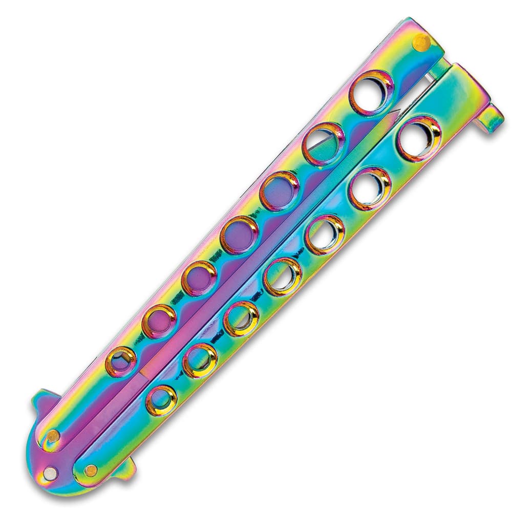 When closed, the rainbow blade sits between the rainbow skeletonized handle flippers, secured with a latch lock. image number 1