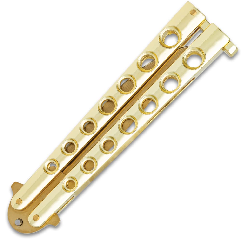The skeletonized handle of this butterfly knife has a high-polish gold finish and can be secured closed with a latch lock. image number 1