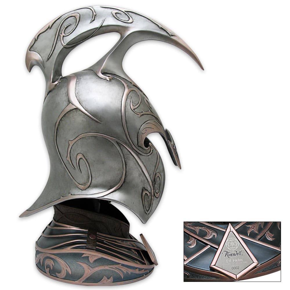 The Rivendell Elf Helm and display stand have Elven vine designs and “Rivendell Elf Helm” emblem with serial number. image number 1