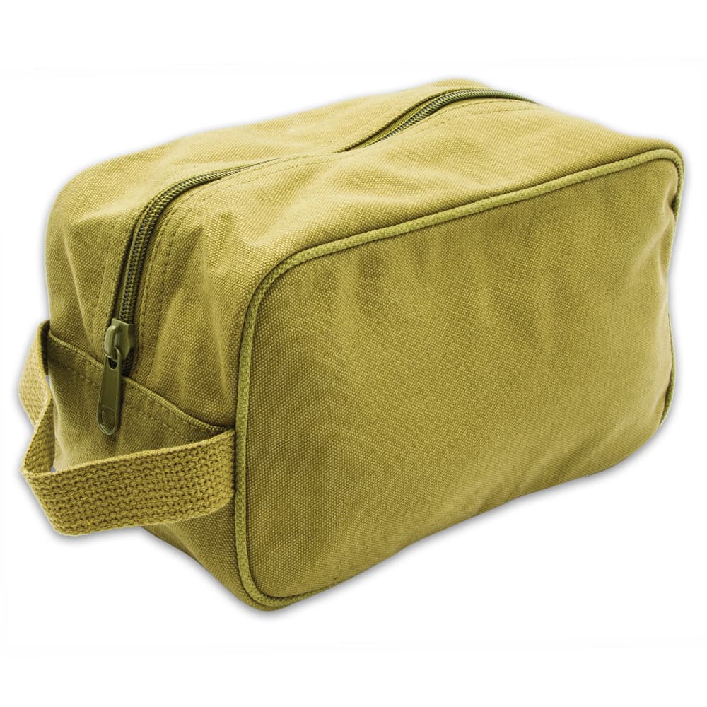 It’s made of tough olive drab, 100 percent cotton canvas, secured with a metal zipper, running from end-to-end image number 1