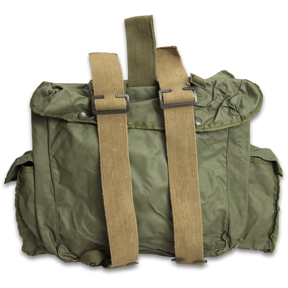 he rucksack also features nylon webbing straps with metal buckles on the top and bottom, perfect for securing a bedroll, blanket or other gear image number 1