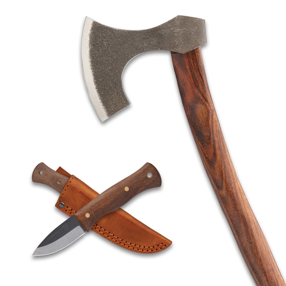 Included in the Bushcraft Bundle is the bushcrafter knife with wooden handle and sheath and bushcraft axe with wooden handle. image number 2