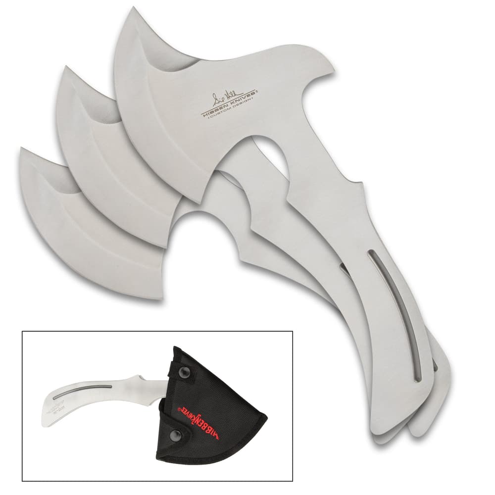 The axes are stainless steel and come with a sheath. Bottom left corner throwing axes enclosed in sheath. image number 2