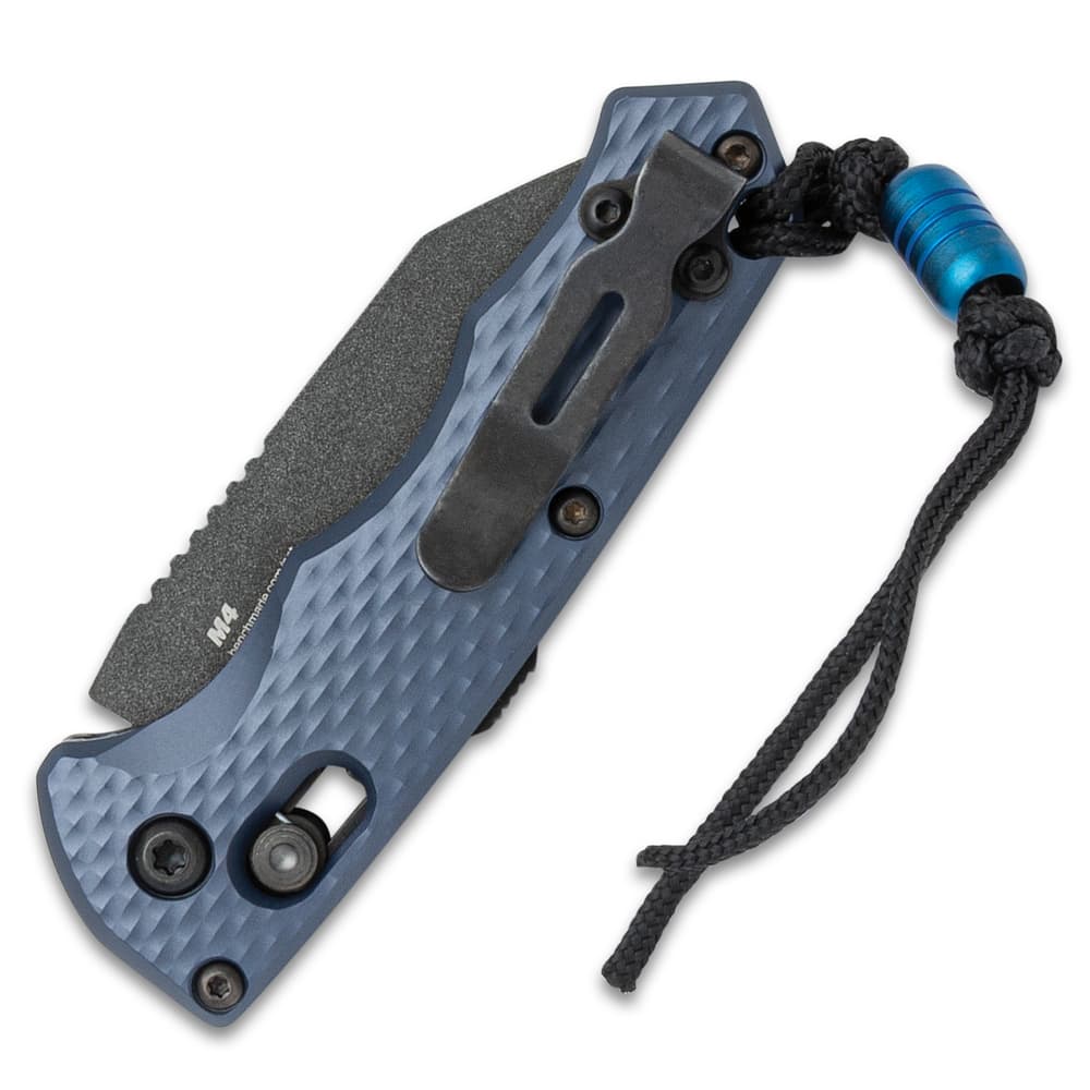 Shown closed, the Benchmade Immunity Automatic Knife has a black pocket clip on the back of the grey handle and black lanyard. image number 2