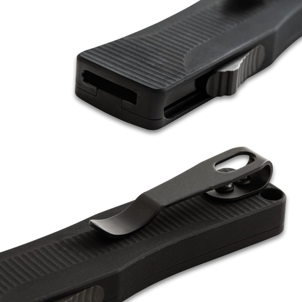 A close-up of the pocket clip and the slide trigger opener image number 2