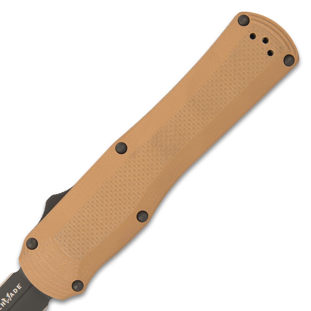 The 5” handle is made of coyote brown G10 and features a deep-carry, reversible tip-down pocket clip image number 2