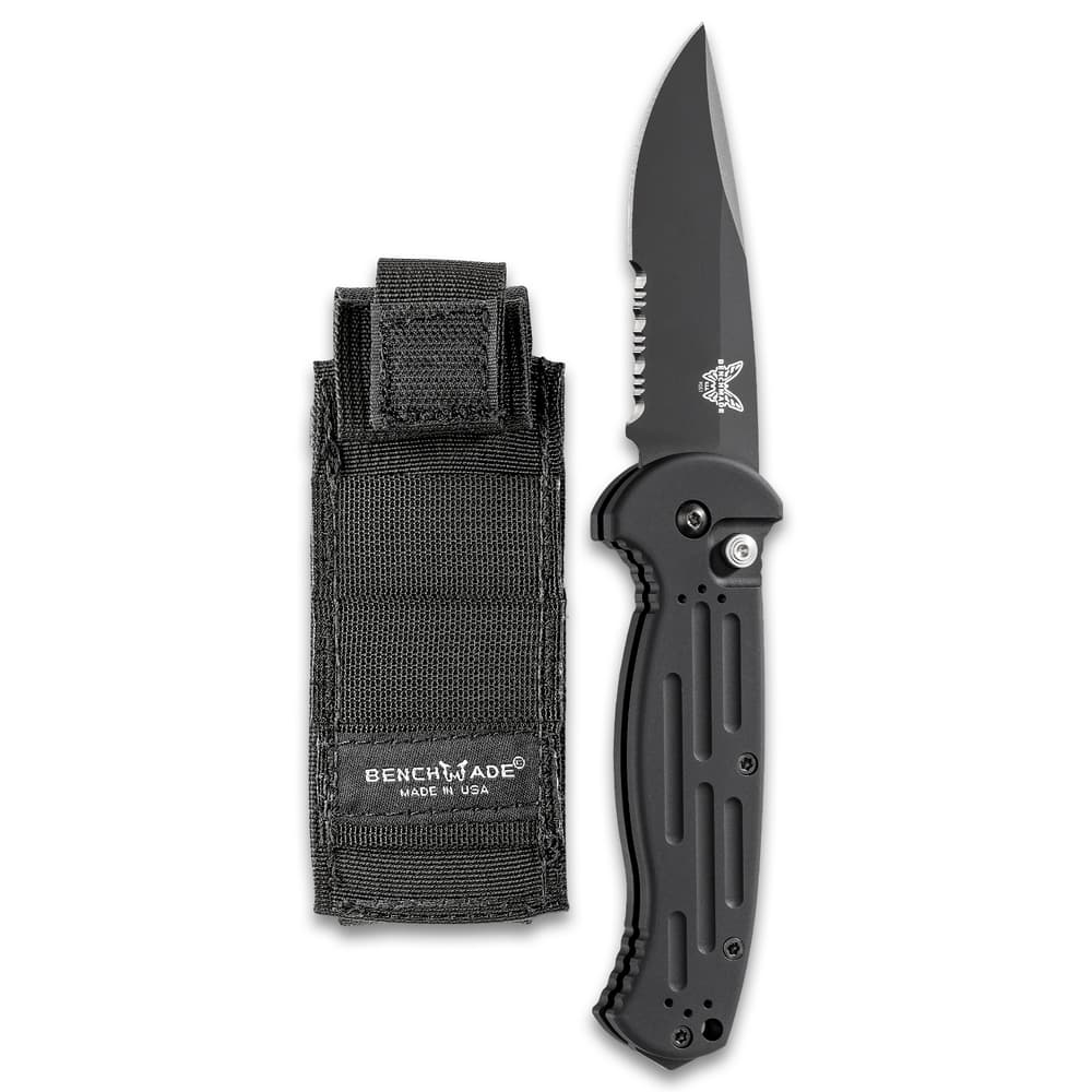 Full image of Auto Folder Knife open with the Cordura sheath.the image number 2