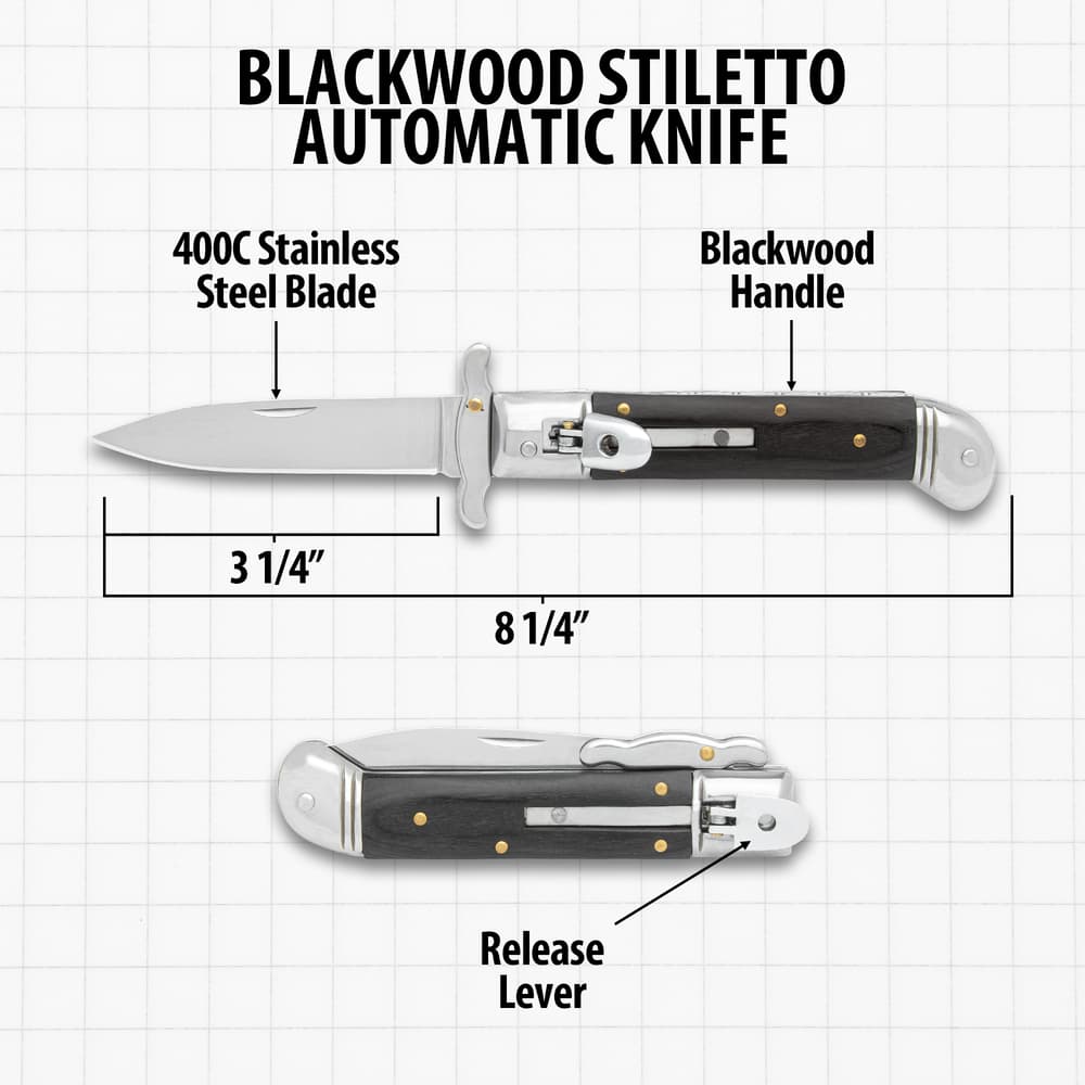 The overall specs of the Blackwood Automatic Stiletto Knife shown in detail image number 2