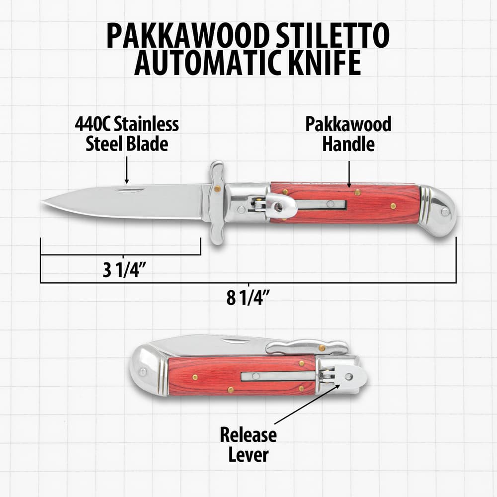 The specs for the Pakkawood Automatic Stiletto Knife image number 2