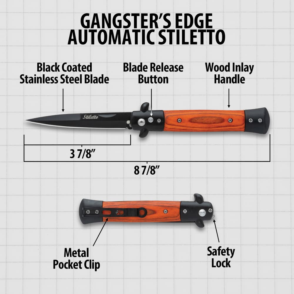 A detailed diagram of the Gangster's Edge Automatic Stiletto Knife, both in its open and closed positions, highlighting its measurements, and labeled parts for clarity. image number 2