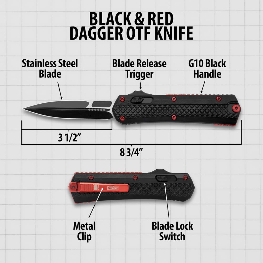 Details and features of Black and Red OTF Dagger. image number 2