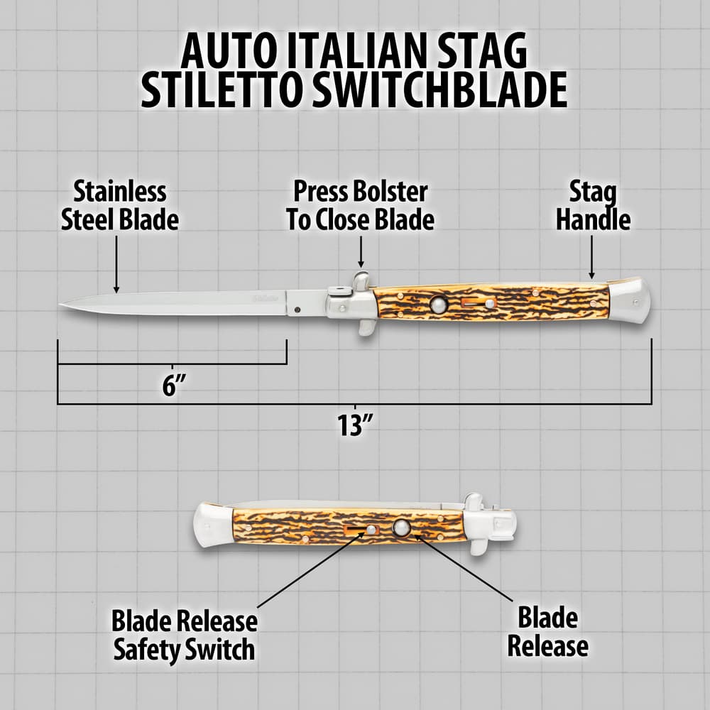 Details and features of the Stiletto Switchblade. image number 2