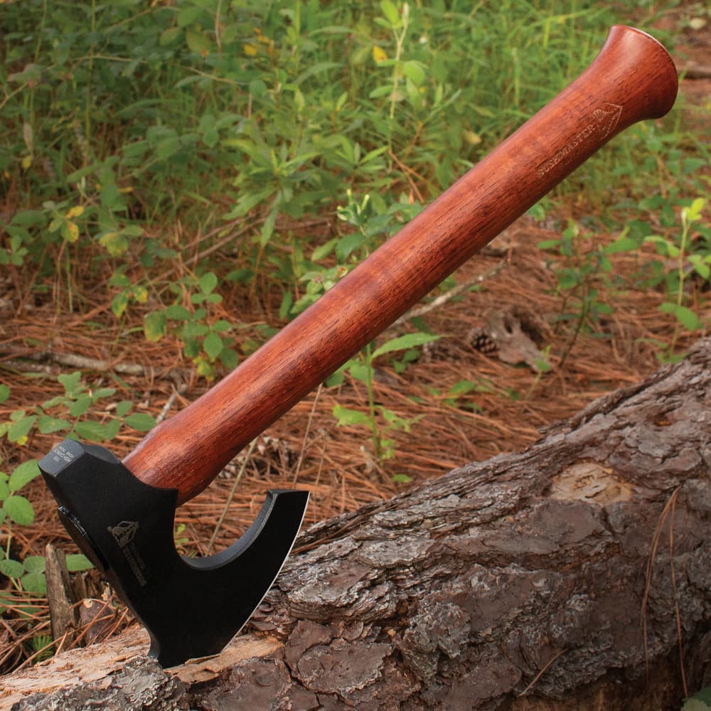 The 5 3/10” axe head is crafted of 1055 high carbon steel with a dark grey coating and it has a sharp 4 3/4” blade edge image number 2