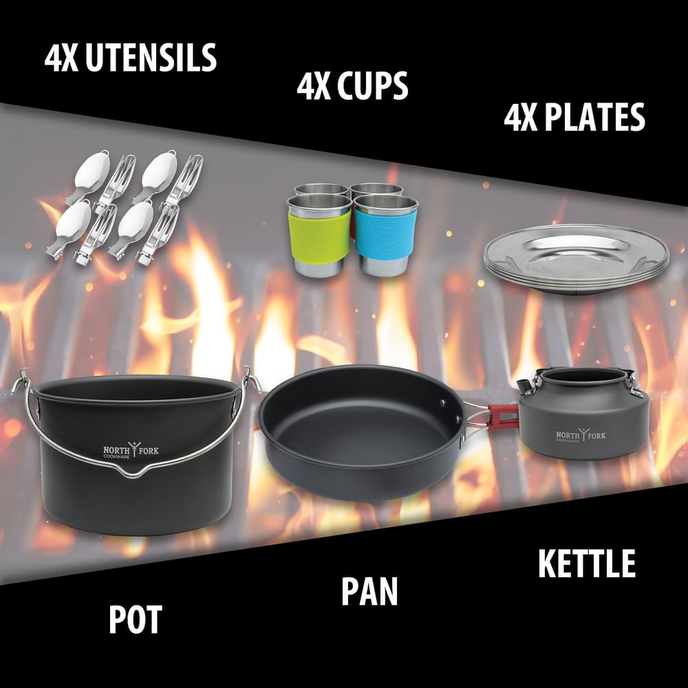 Full image showing what is included in the Camping Cookware Mess Kit. image number 2