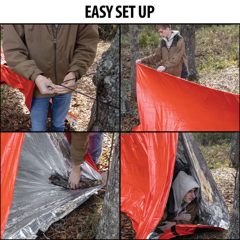 Multiple images showing the easy set up of the Survival Shelter. image number 2