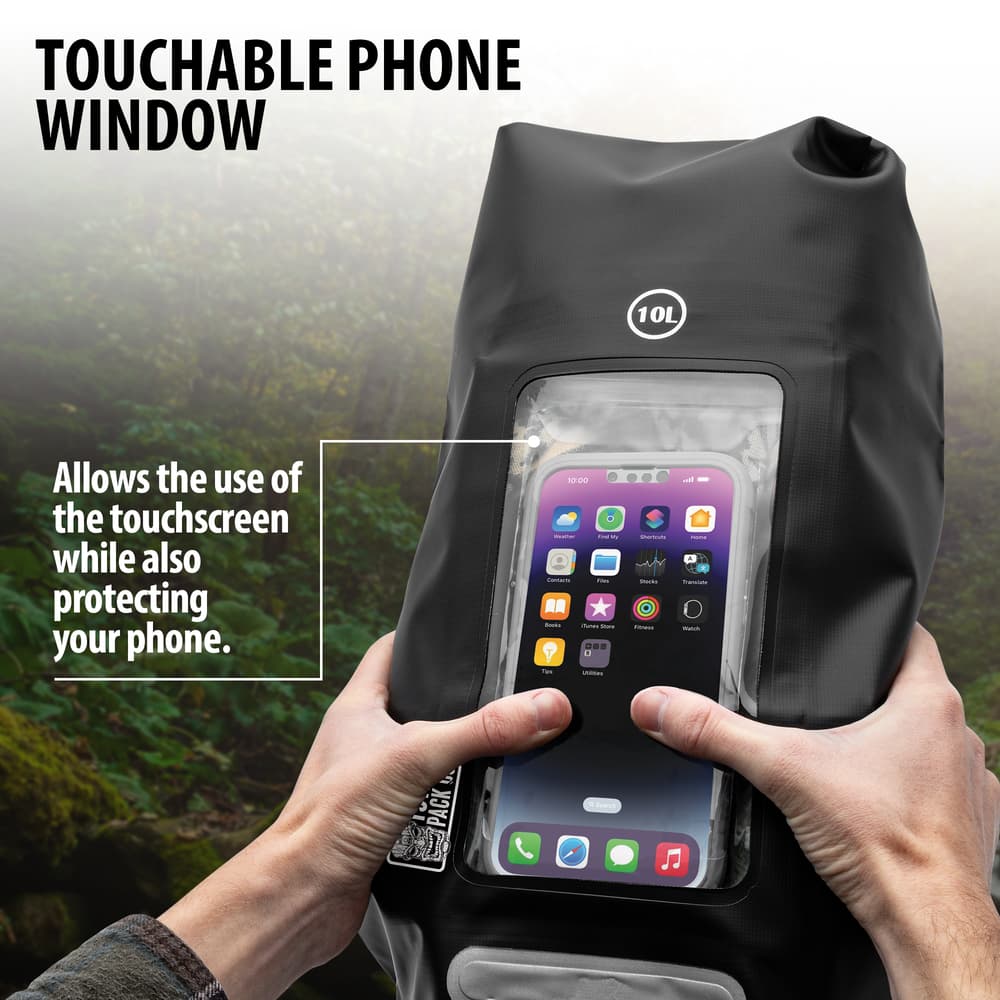 Full image showing the touchable phone window on the Camping Dry Bag. image number 2