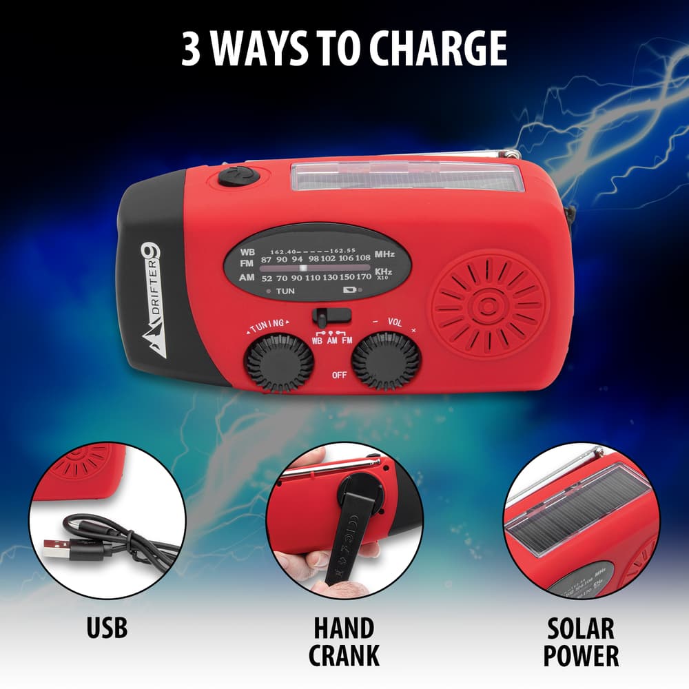 Multiple images showing the 3 ways you can charge the Hand Crank Solar Radio. image number 2