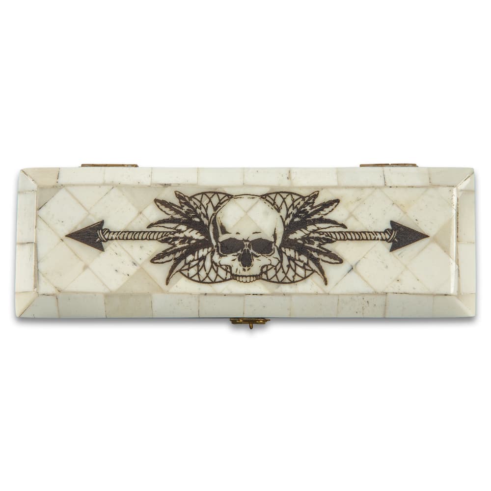 Skull And Arrow Bone Box - Genuine Bone, Brass Hinged Lid, Etched Design, Felt Lined Interior And Bottom - Dimensions 7” x 2 3/8” x 1/2" image number 2