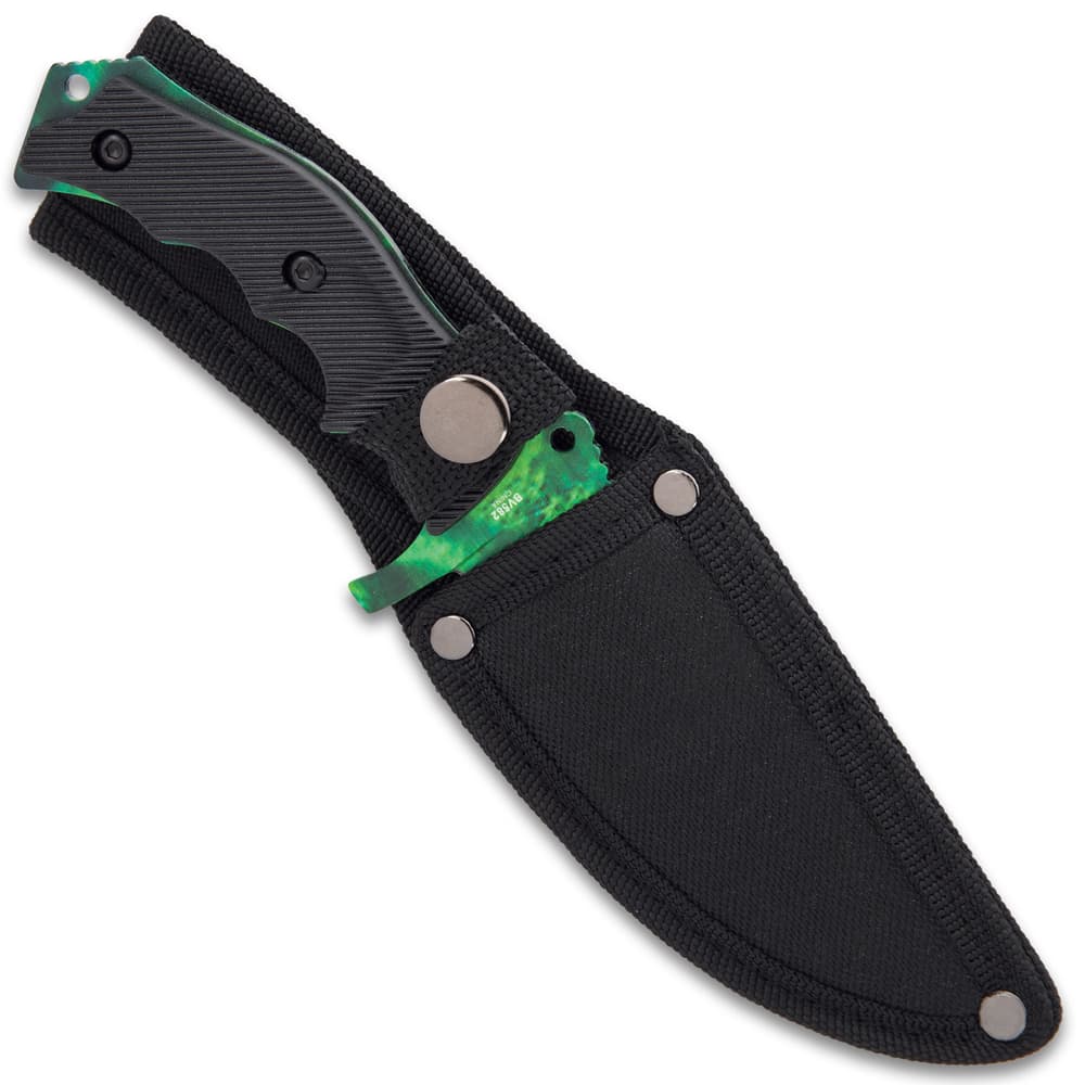 Each knife features a stainless steel blade with a 3D-printed green finish and durable TPU secure-grip handles and belt sheath image number 2