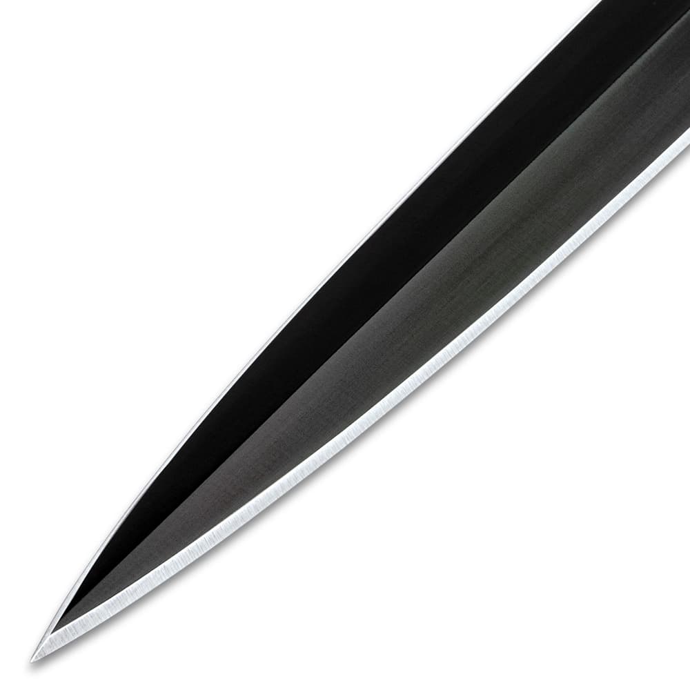 The dagger has a black, wire-wrapped hilt and features a shiny, black chrome guard and skullcrusher pommel image number 2