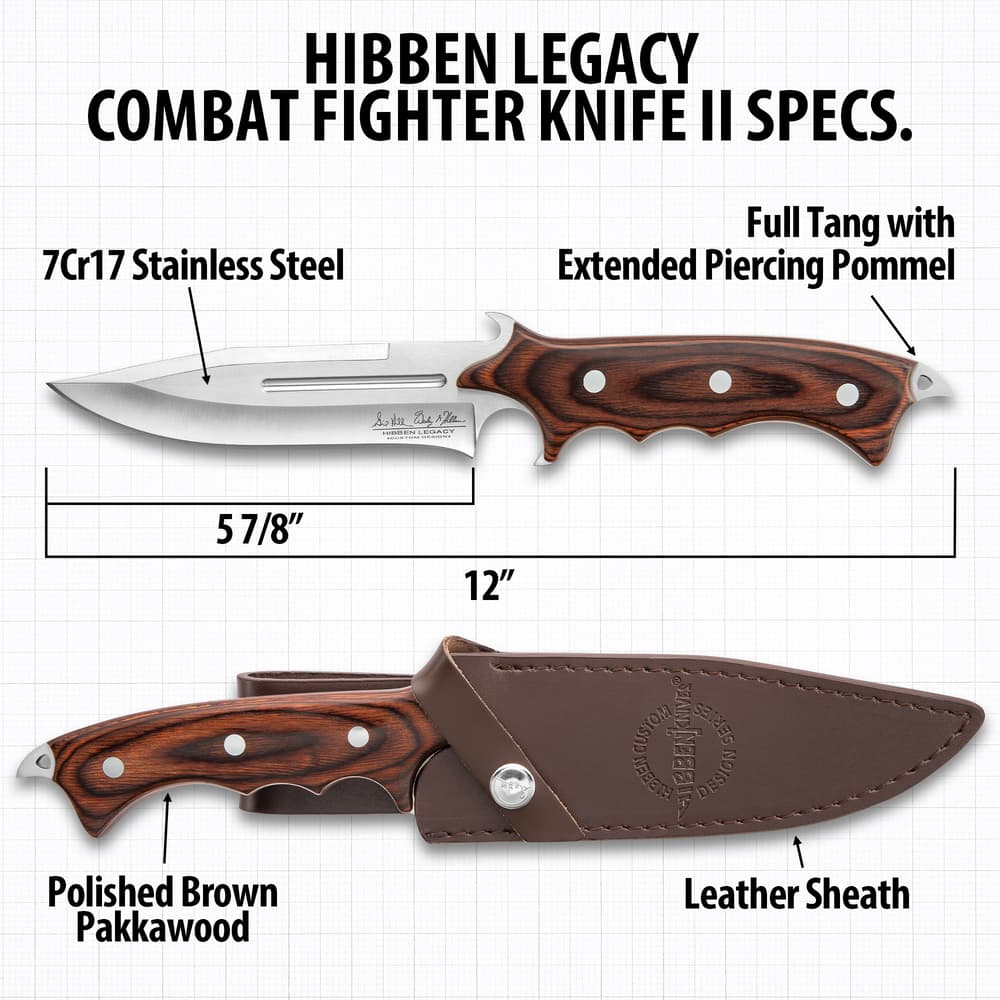 United Cutlery Hibben Legacy Combat Fighter Knife II With Leather Sheath - 7Cr17 Stainless Steel Blade, Brown Pakkawood Handle, Trigger Finger Grip image number 2