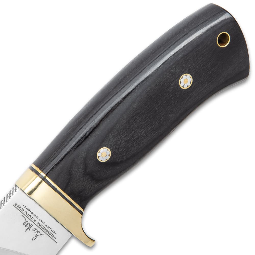 Hibben Chugach Hunter Knife With Sheath - 5Cr13 Stainless Steel Blade, Pakkawood Handle, Brass Hand Guard, Rosette Accents - Length 8 7/8” image number 2