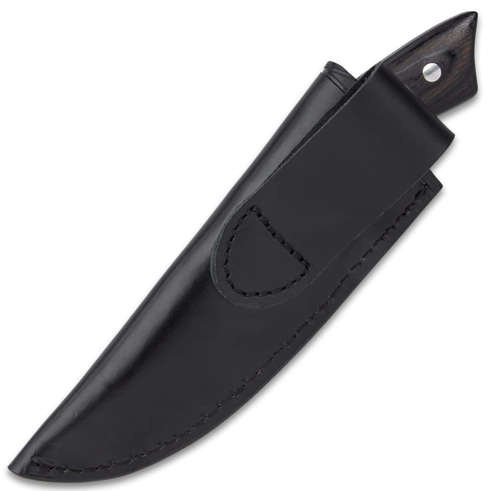 The 8” overall skinner knife can be carried securely in a premium, black leather belt sheath image number 2