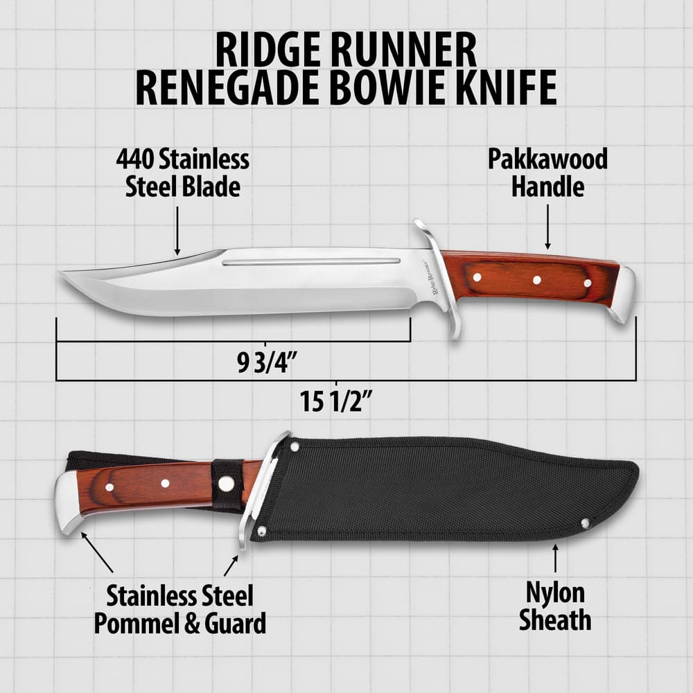 Up close view of bowie wooden bowie handle and top of blade with engraving "Ridge Runner" and hand guard. image number 2