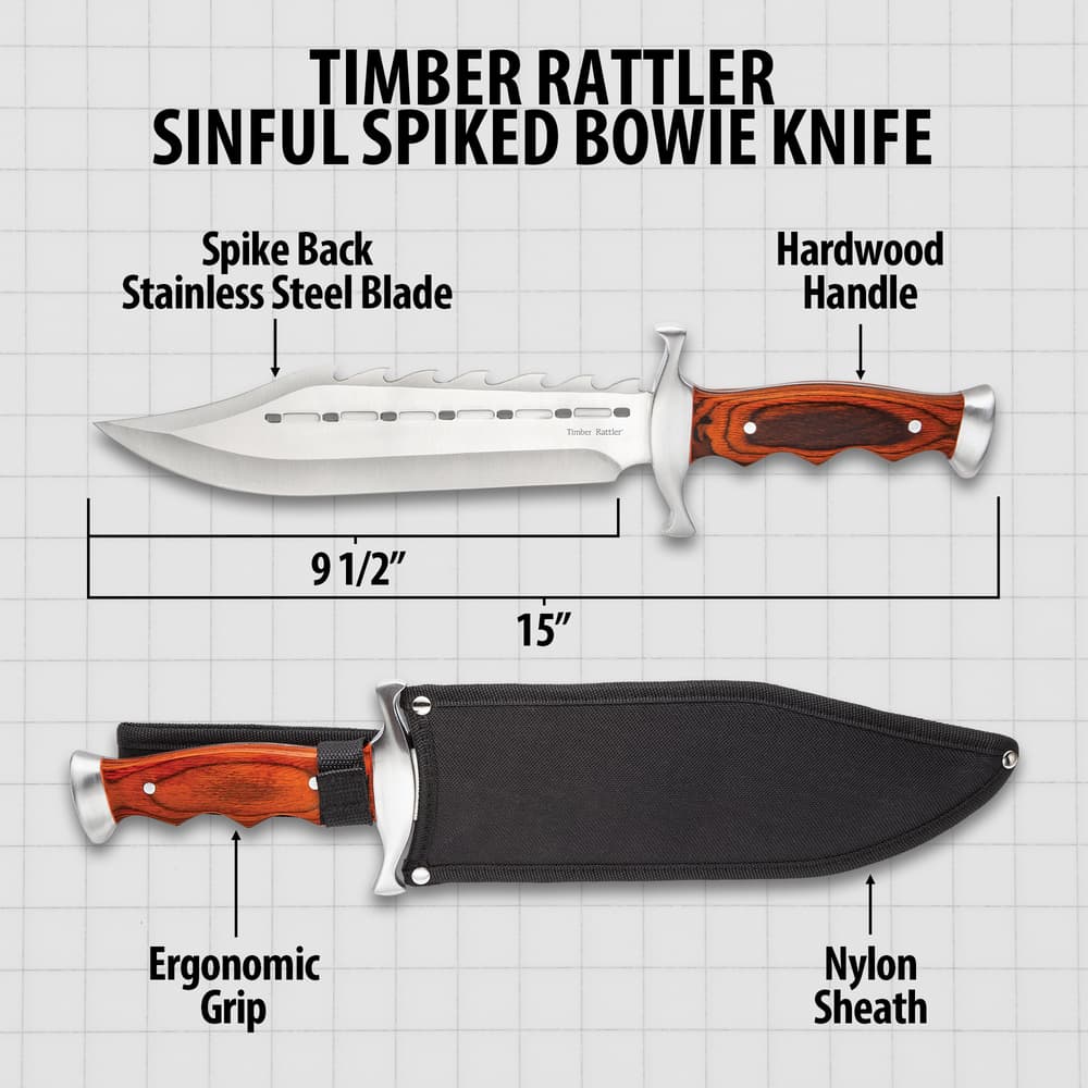 Timber Rattler Sinful Spiked Bowie Knife With Nylon Sheath - Spiked Back Blade, Ergonomic Hardwood Handle - 15" Length image number 2