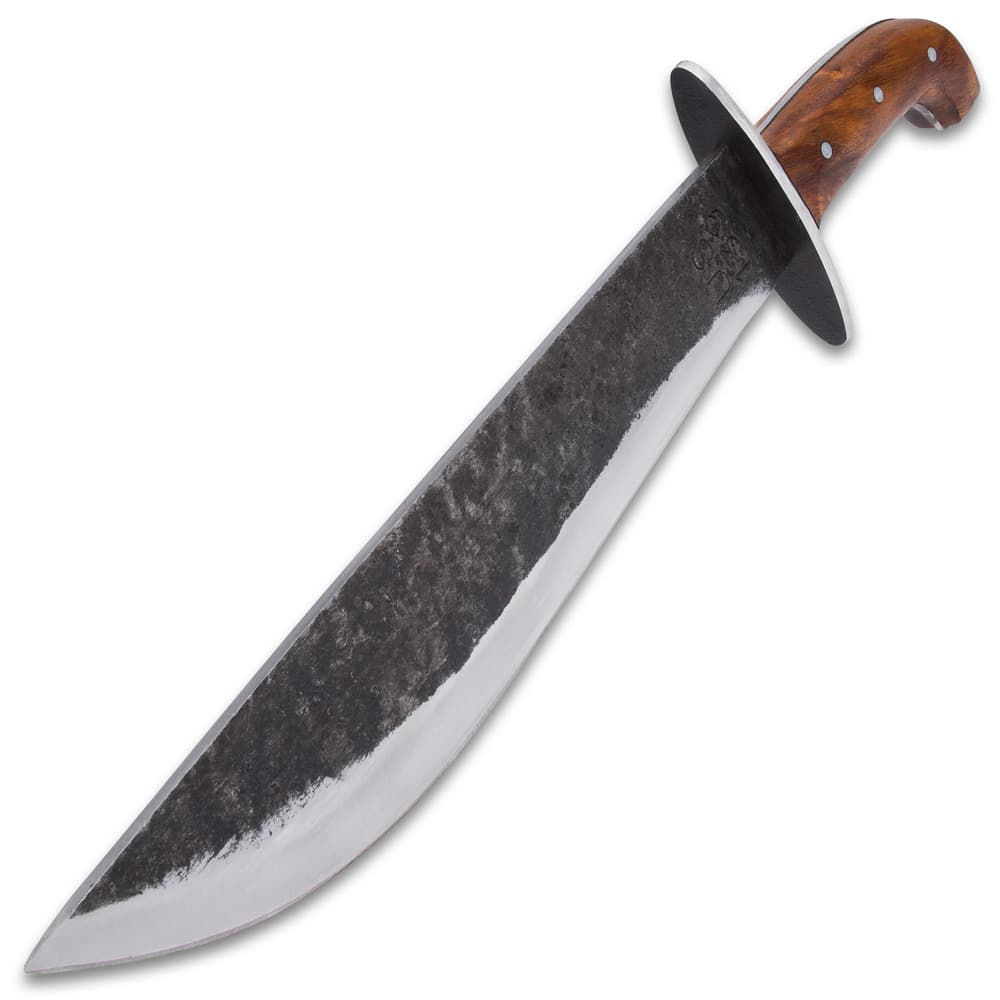 It has a rough-forged, full-tang 12” carbon steel blade, which extends from a matching carbon steel handguard image number 2