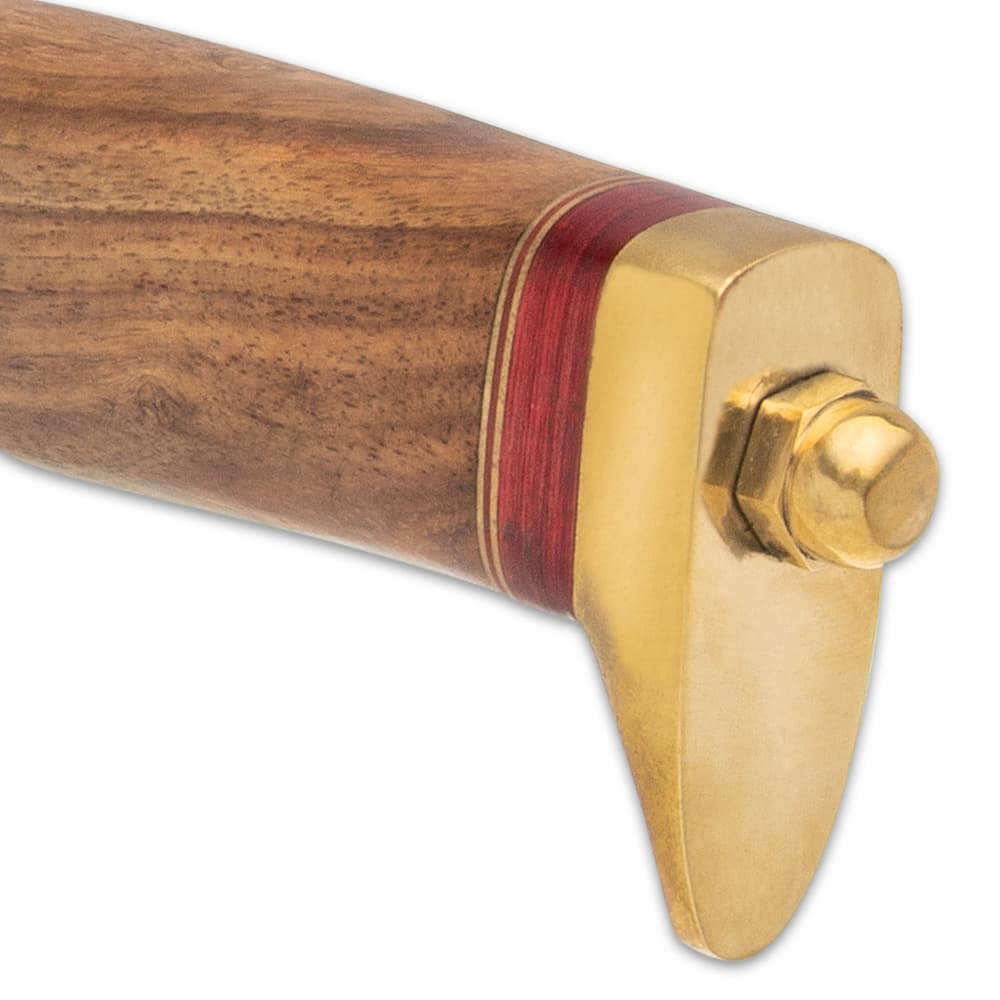 The handle is crafted of natural wood with bands of red wood, separated by brass spacers and it has a brass pommel image number 2