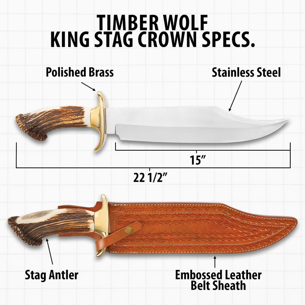 Timber Wolf King Stag Antler Crown Knife With Sheath - Stainless Steel Blade, Genuine Horn Handle, Brass Handguard - Length 22 1/2” image number 2